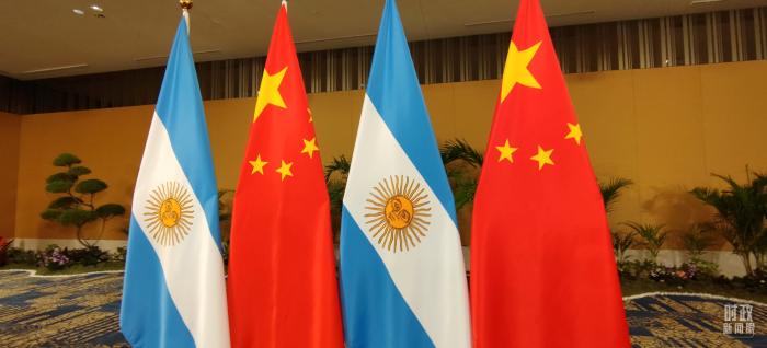 △会见现场的中国和阿根廷两国国旗。(总台央视记者耿小龙拍摄)