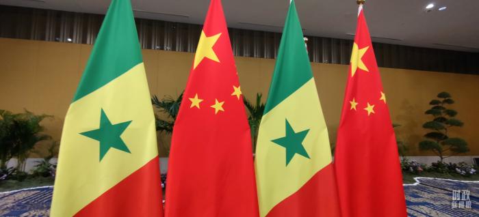 △会见现场的中国和塞内加尔两国国旗。(总台央视记者耿小龙拍摄)