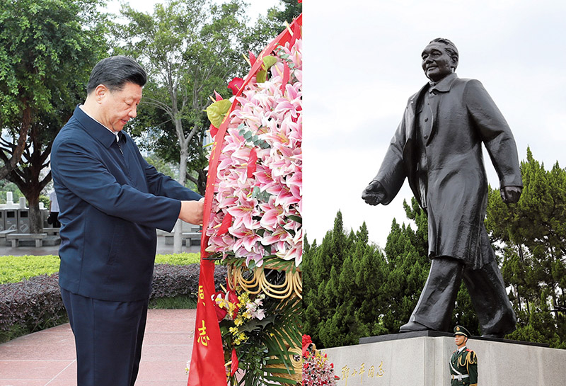 2020年10月14日，習(xí)近平總書(shū)記向深圳蓮花山公園鄧小平同志銅像敬獻(xiàn)花籃。