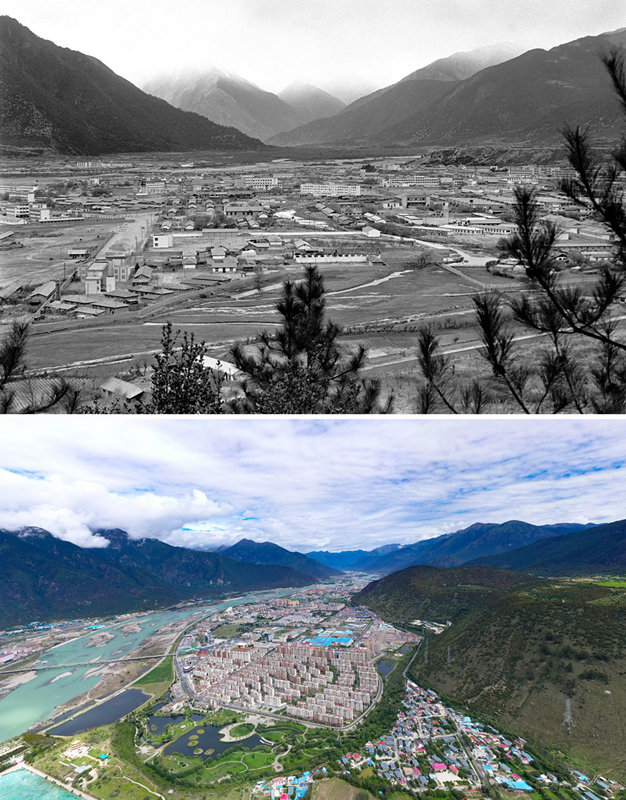 拼版照片:上圖是20世紀90年代的西藏林芝八一鎮;下圖是2021年7月20日拍攝的西藏林芝八一鎮風貌。